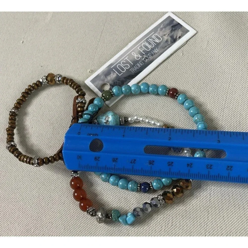 Lost‎ & Found Trading Company 3 Strand Bracelet Turquoise Wood Beads Stretch NEW